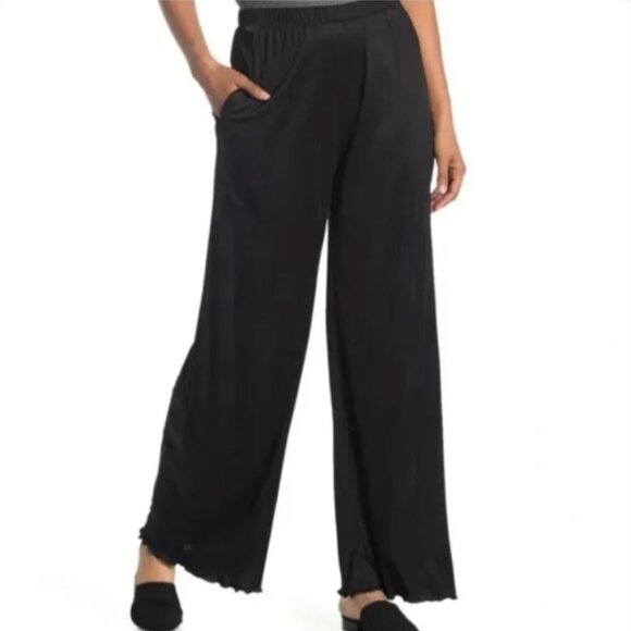 Theory Pants Black Wide Leg Elastic Pull On Slinky Jersey Lettuce Hem Small - Picture 1 of 7